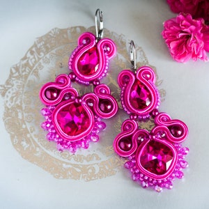Soutache fuchsia crystal beaded earrings 7cm