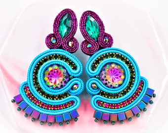 Peacock Shimmer ∙ Fan-shaped Crystal Soutache Stud Earrings ∙ Striking Colors ∙ For Her ∙ Handmade Art ∙ by nikuske