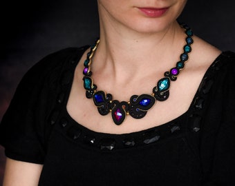 Statement Necklace in Vibrant Black ∙ Colorful Crystal Soutache ∙ Handmade Art ∙ by nikuske