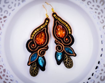 Black and Orange Soutache Boho Earrings ∙ Long ∙ Perfect Gift for Her ∙ Handmade Art ∙ by nikuske