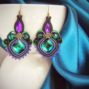Soutache Black, Green, and Violet Long Earrings ∙ Dramatic Colorful Dangling Earrings ∙ Handmade Art ∙ by nikuske