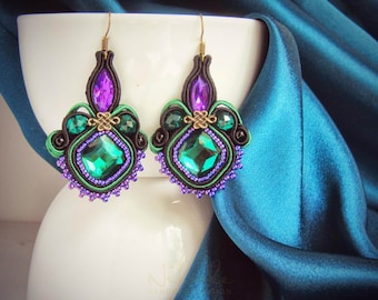 Soutache Black, Green, and Violet Long Earrings ∙ Dramatic Colorful Dangling Earrings ∙ Handmade Art ∙ by nikuske