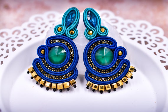 Buy Fuchsia-blue-green Soutache Stud Fan Earrings Vibrant Online