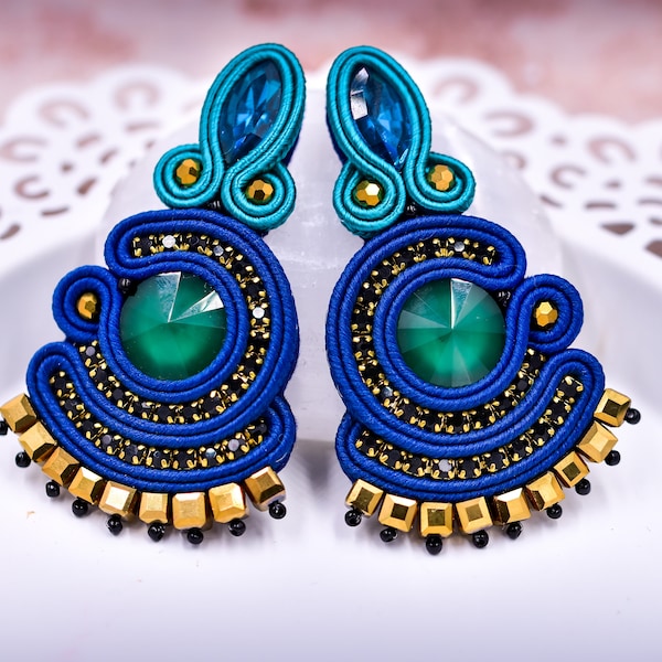 Fuchsia-Blue-Green Soutache Stud Fan Earrings ∙ Vibrant, Colorful Statement Jewelry ∙ Perfect Gift For Her ∙ Handmade Art ∙ by nikuske