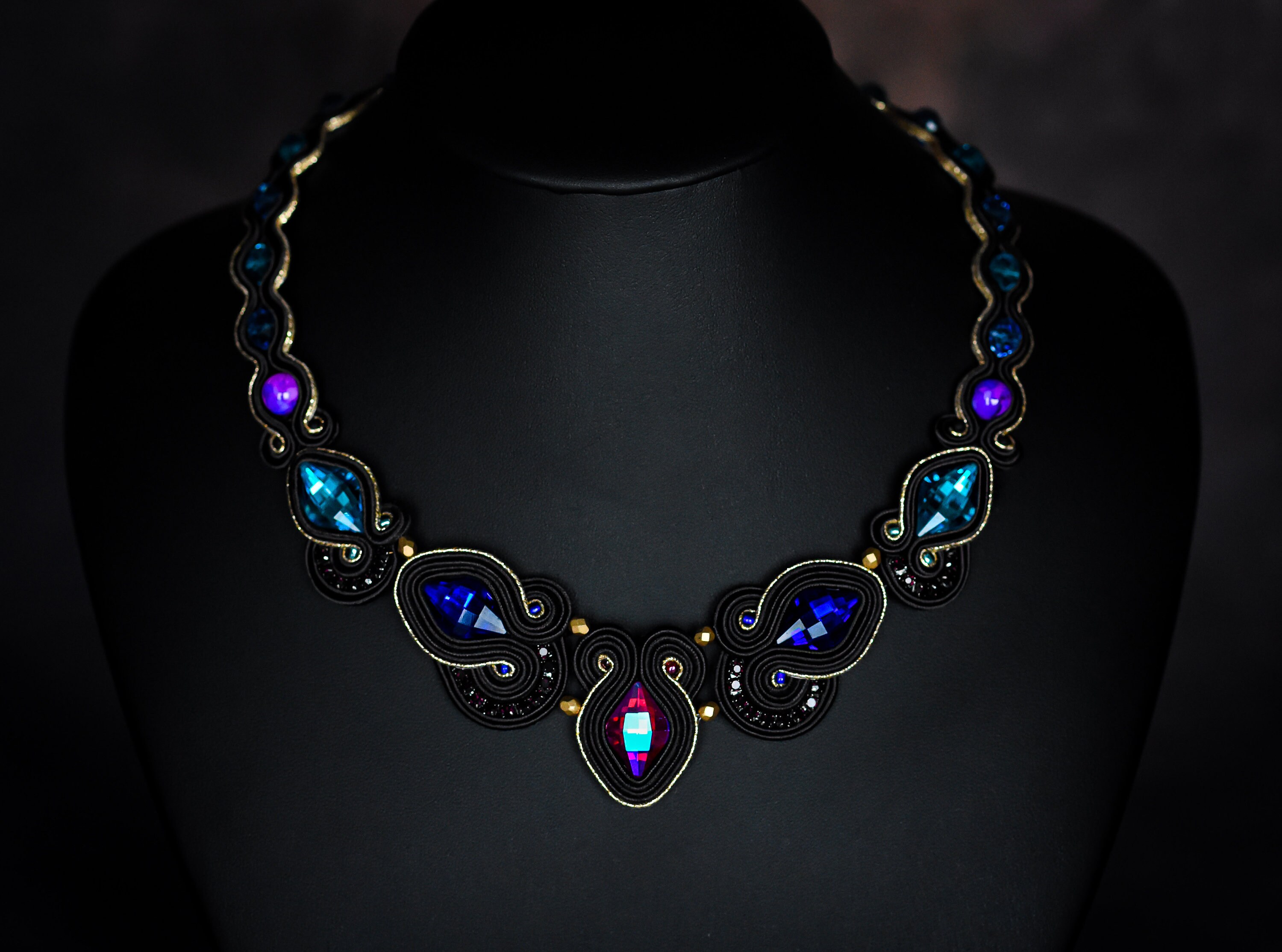 Black Colorful Crystal Soutache Necklace | Etsy
