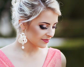 Elegant Pearl Crystal Golden Soutache Earrings ∙ Glamour Jewelry ∙ Handmade Art ∙ by nikuske