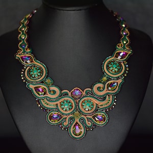 Colorful Crystal Soutache Pendant ∙ Unusual Necklace for Her ∙ Handmade Art ∙ by nikuske