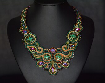 Colorful Crystal Soutache Pendant ∙ Unusual Necklace for Her ∙ Handmade Art ∙ by nikuske