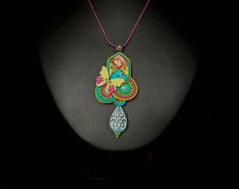 Colorful Multi-Stone Crystal Unusual Soutache Pendant Necklace with Butterfly ∙ One of a Kind Gift for Her ∙ Handmade Art ∙ by nikuske