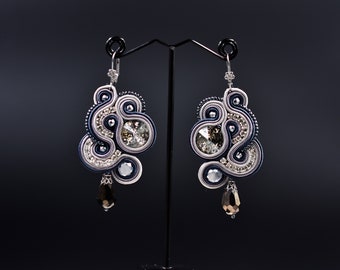 Luxury Personified ∙ Elegant Gray Soutache Earrings with Swarovski ∙ Teardrop ∙ Gift for Her ∙ Handmade Art ∙ by nikuske