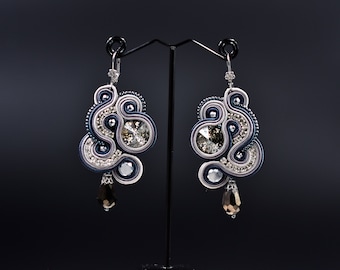 Luxury Personified ∙ Elegant Gray Soutache Earrings with Swarovski ∙ Teardrop ∙ Gift for Her ∙ Handmade Art ∙ by nikuske