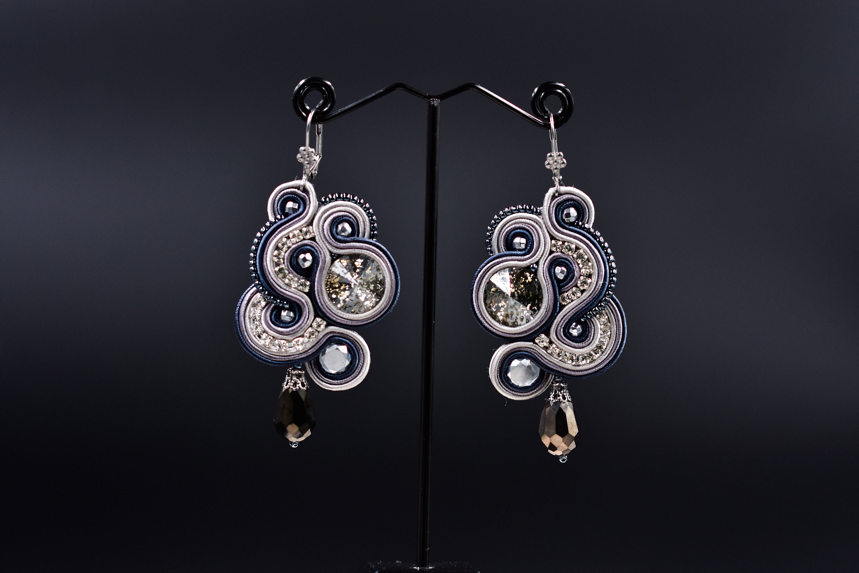 Luxury Personified ∙ Elegant Gray Soutache Earrings with Swarovski ∙ Teardrop ∙ Gift for Her ∙ Handmade Art ∙ by nikuske