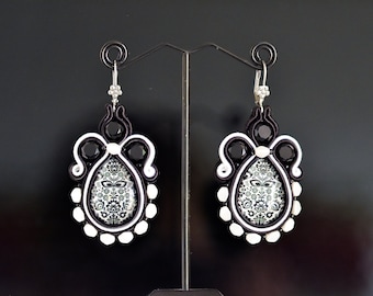 Black and White Soutache Earrings ∙ Folk Motif with Teardrop ∙ Handcrafted Statement Jewelry ∙ by nikuske