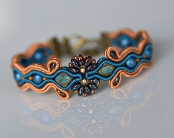 Handmade Soutache Bracelet ∙ Beaded ∙ Brown-Blue ∙ Perfect Gift for Her ∙ by nikuske