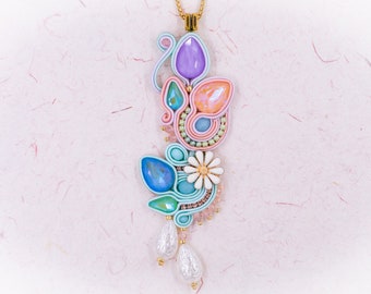 Long Romantic Crystal Flower ∙ Soutache Pendant Necklace ∙ Blooming Love ∙ Handmade Art ∙ by nikuske