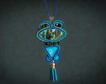 Beaded Soutache Necklace in Blue-Green ∙ Artisan Crafted ∙ Gift for Her ∙ Handmade Art ∙ by nikuske