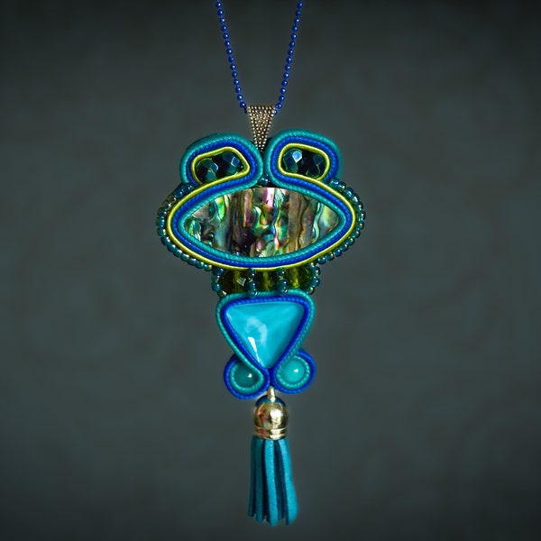 Beaded Soutache Necklace in Blue-Green ∙ Artisan Crafted ∙ Gift for Her ∙ Handmade Art ∙ by nikuske