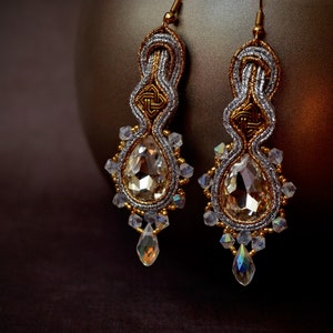 Exquisite Silver-Gold Beaded Soutache Teardrop Earrings ∙ Timeless Gift for Her ∙ Handmade Art ∙ by nikuske