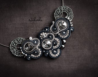 Soutache Necklace ∙ Silver Gray with Swarovski Crystal ∙ Gift for Her ∙ Handmade Art ∙ by nikuske