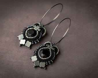 Black Soutache Beaded Circle Hoop Earrings ∙ Unique and Original Gift for Her ∙ Handmade Art ∙ by nikuske