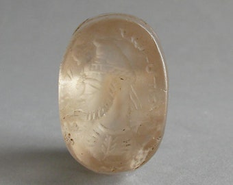 Authentic vintage old rock quartz, old white quartz, Crystal, gemstone, Roman warrior leader face intaglio stamp seal Wax Dome Bead pendant