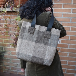 Canvas tote,canvas tote bag,squares tote,black tote,canvas purse bag,shopping bag,brown tote bag,tweed totes,womens tote bag,fabric purse image 1