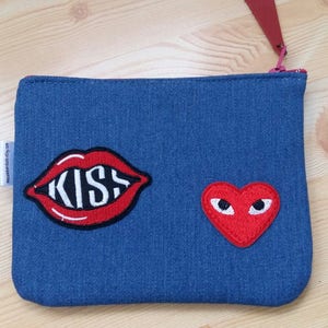Monedero vaquero,monedero de tela,monedero azul,monedero parches,monedero corazon,monedero beso,monedero labios,bolso parche