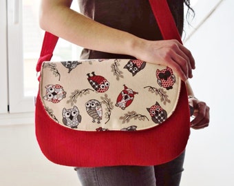 Owls bag, owls clutch,red clutch,corduroy bag,owls handbag,owls tote,owls fabric,owl bag,kawaii bag,canvas clutch,red handbag,red purse