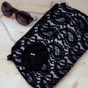 Evening bag,black clutch,lacy handbag,fabric bag,black purse,lacy clutch,lacy evening bag,black lacy,black and white,chain bag,lacy fabric image 3