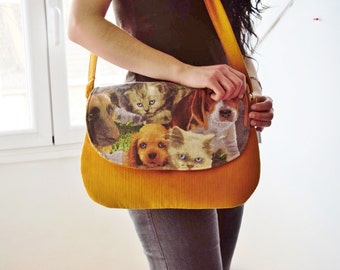 Bolso perros, bolso de gatos, bolso amarillo, bolso de pana, bolso colores, bolso de tela, bolso acolchado, bolso flores, bolso de animales, perro