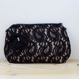 Evening bag,black clutch,lacy handbag,fabric bag,black purse,lacy clutch,lacy evening bag,black lacy,black and white,chain bag,lacy fabric image 2