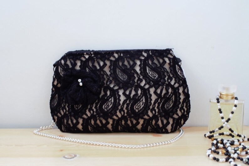 Evening bag,black clutch,lacy handbag,fabric bag,black purse,lacy clutch,lacy evening bag,black lacy,black and white,chain bag,lacy fabric image 2