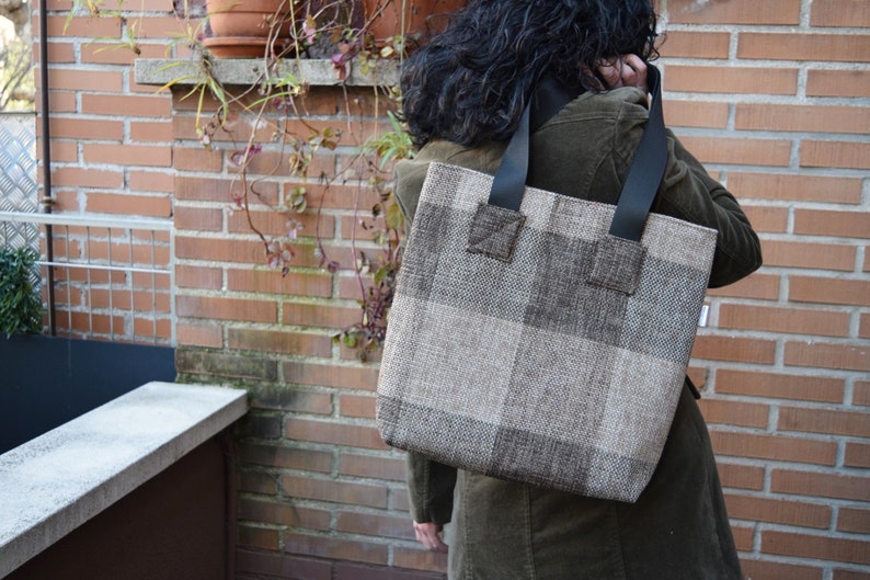 Canvas tote,canvas tote bag,squares tote,black tote,canvas purse bag,shopping bag,brown tote bag,tweed totes,womens tote bag,fabric purse image 1