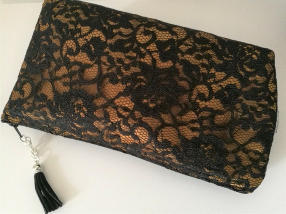 Monochrome White & Black Evening Clutch Bag with Lace in Floral Design