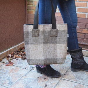 Canvas tote,canvas tote bag,squares tote,black tote,canvas purse bag,shopping bag,brown tote bag,tweed totes,womens tote bag,fabric purse image 5