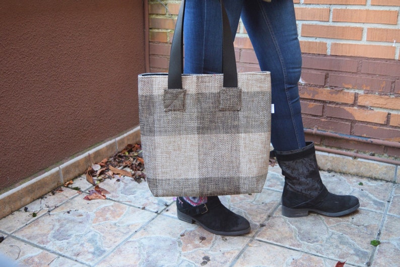 Canvas tote,canvas tote bag,squares tote,black tote,canvas purse bag,shopping bag,brown tote bag,tweed totes,womens tote bag,fabric purse image 5