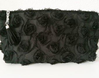 Roses clutch,black clutch,high couture,black evening bag,evening clutch,cocktail clutch,lace clutch,lace purse,black purse bag,silky clutch