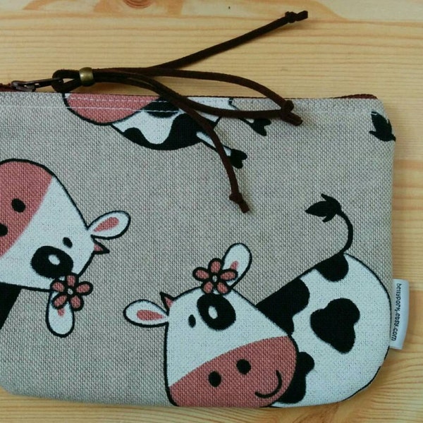 Cows pouch,cows fabric, cows coin purse, cows bag, cows canvas, cows print, fabric pouch, canvas pouch, canvas cow , cows beauty bag