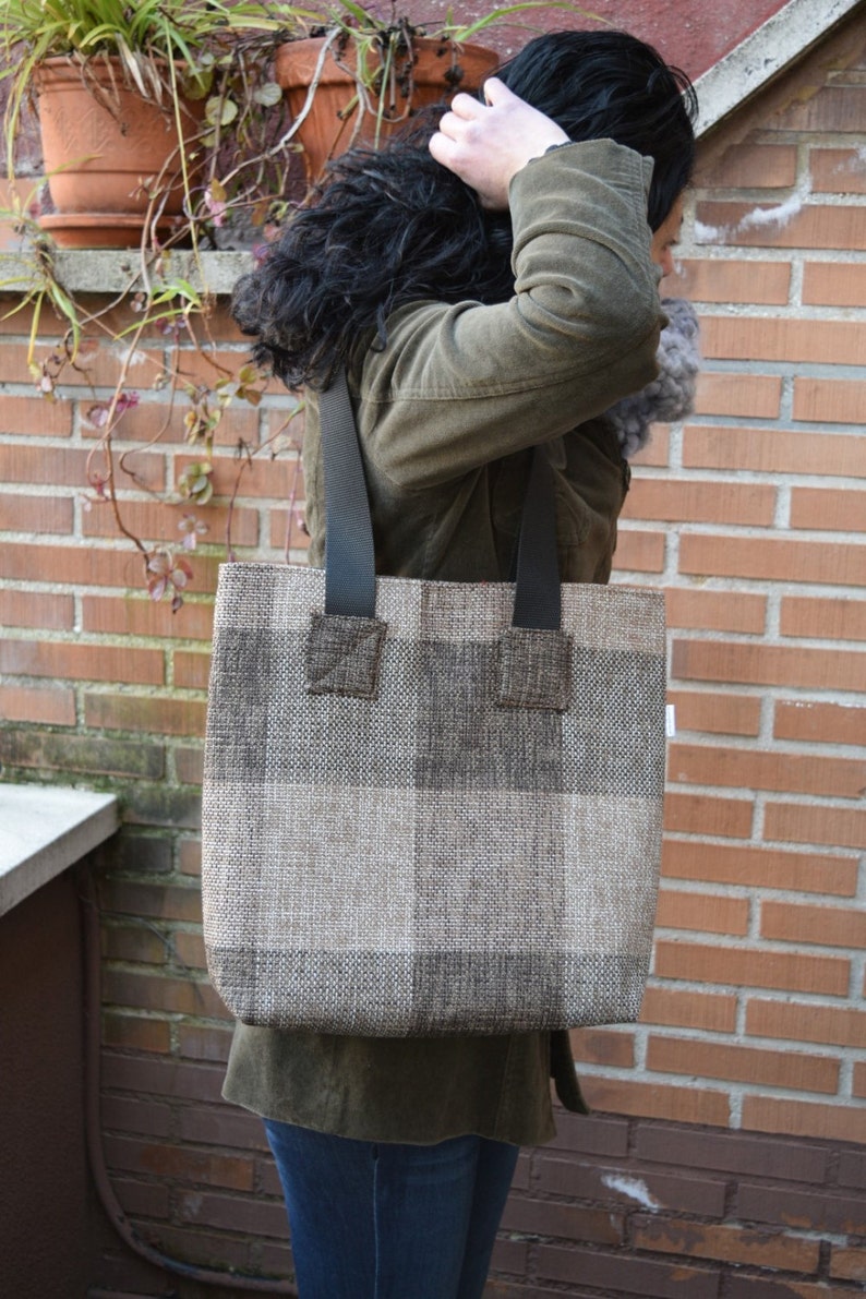 Canvas tote,canvas tote bag,squares tote,black tote,canvas purse bag,shopping bag,brown tote bag,tweed totes,womens tote bag,fabric purse image 3