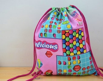 Mochila de tela,mochila cuerdas,mochila de cuerdas,mochila candy crush saga,candycrush,mochila de colores,mochila de chica,mochila rosa