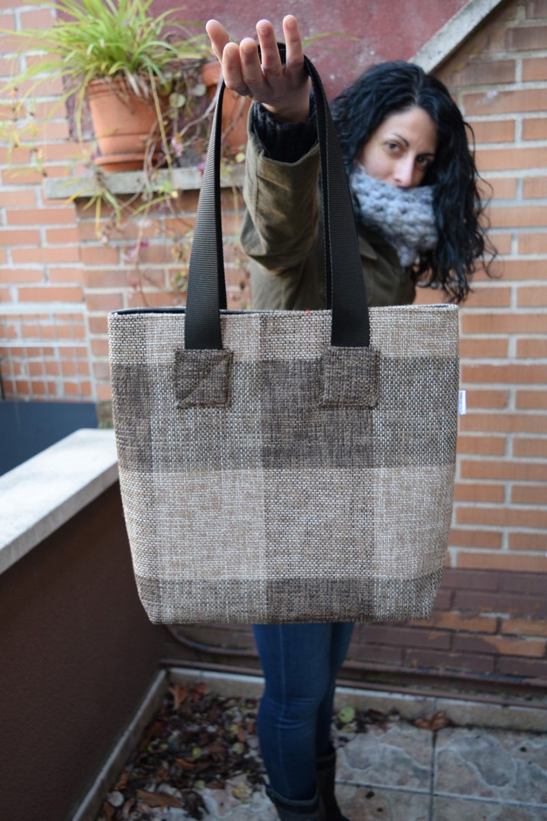 Canvas tote,canvas tote bag,squares tote,black tote,canvas purse bag,shopping bag,brown tote bag,tweed totes,womens tote bag,fabric purse image 4