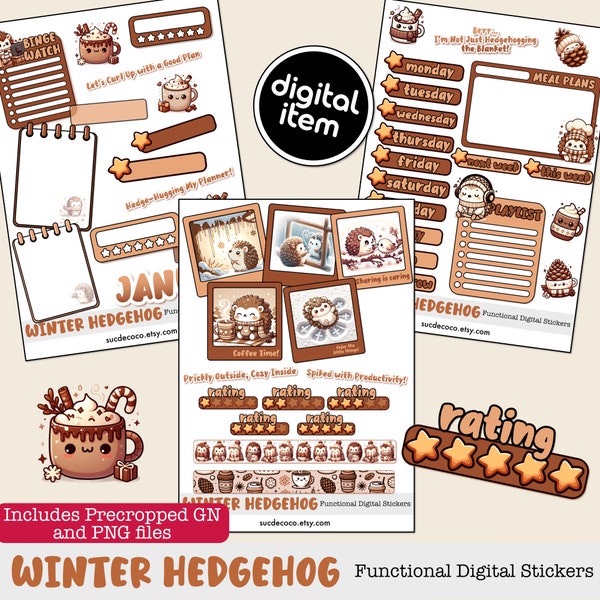 KAWAII DIGITAL PLANNER Stickers | Winter Hedgehog | Functionals Set | Precropped Goodnotes file+individual transparent pngs.