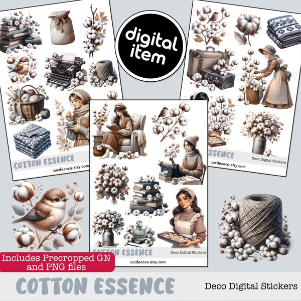 VINTAGE DIGITAL PLANNER Stickers | Cotton Essence | Deco Set | Precropped Goodnotes file+individual transparent pngs.