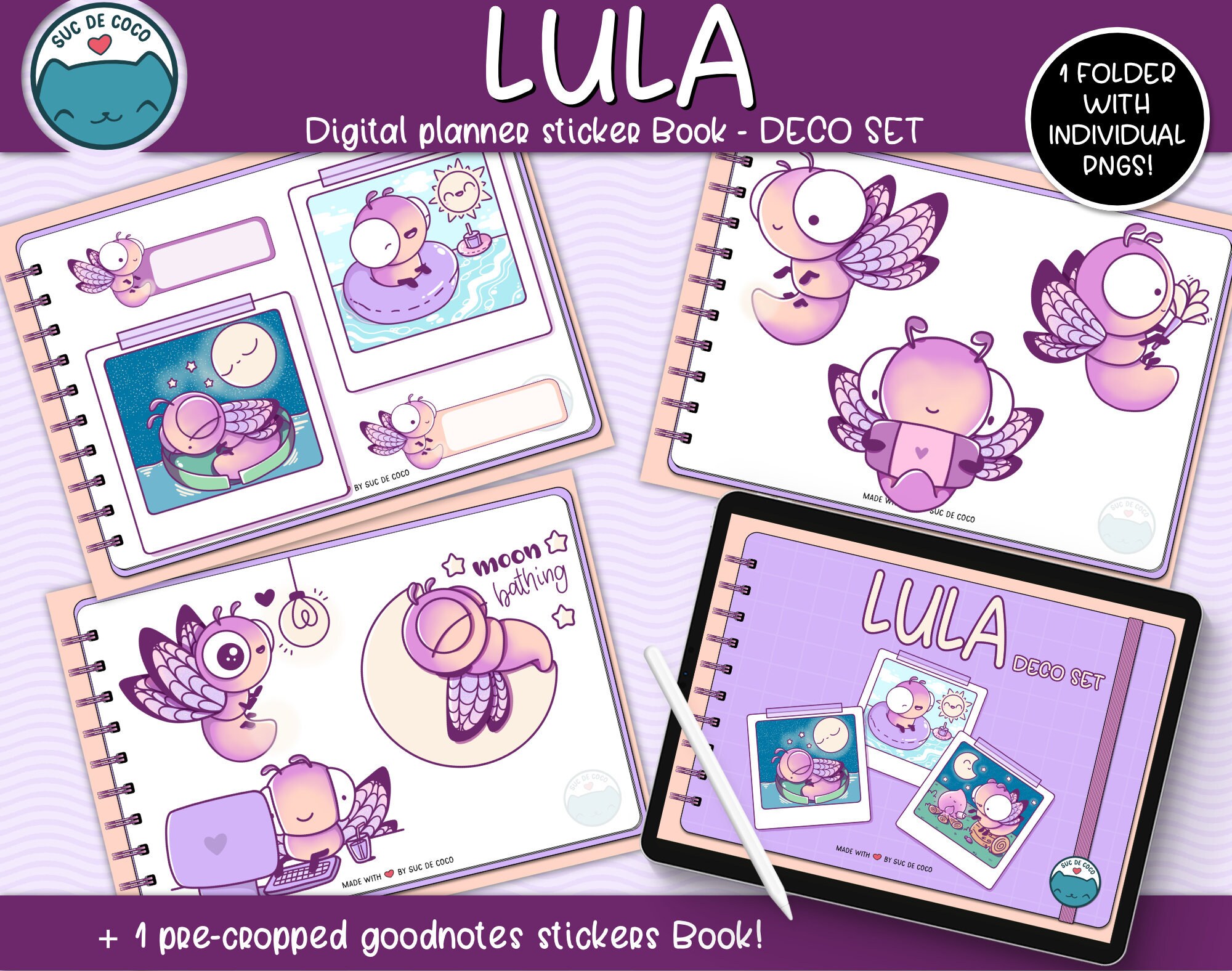 LULA Deco Set, kawaii illustration,digital sticker book for digital P…