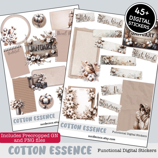 VINTAGE DIGITAL PLANNER Stickers | Cotton Essence | Functionals Set | Precropped Goodnotes file+individual transparent pngs.