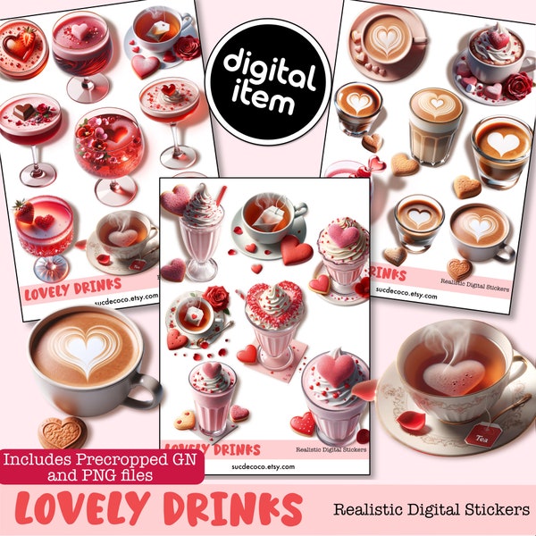 REALISTIC DIGITAL PLANNER Stickers | Lovely Drinks | Realistic Set | Precropped Goodnotes file+individual transparent pngs.