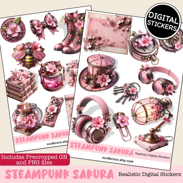 VINTAGE DIGITAL PLANNER Stickers | Steampunk Sakura | Realistic Set | Precropped Goodnotes file+individual transparent pngs.