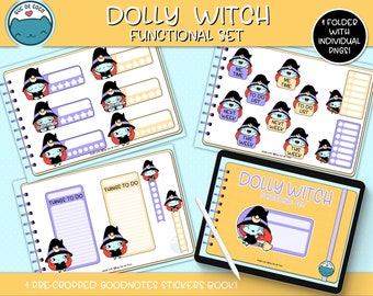 DOLLY WITCH FUNCTIONAL ,kawaii illustration,digital sticker book for digital Planners,Goodnotes file +individual transparent pngs.Hand drawn