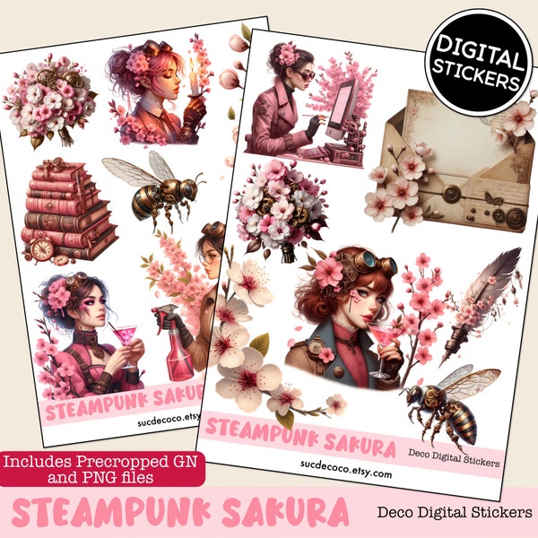 VINTAGE DIGITAL PLANNER Stickers | Steampunk Sakura | Deco Set | Precropped Goodnotes file+individual transparent pngs.