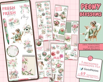 VINTAGE DIGITAL PLANNER Stickers | Peony Blosssoms | Deco, Functional and Realistic Stickers | Precropped Goodnotes file + transparent pngs